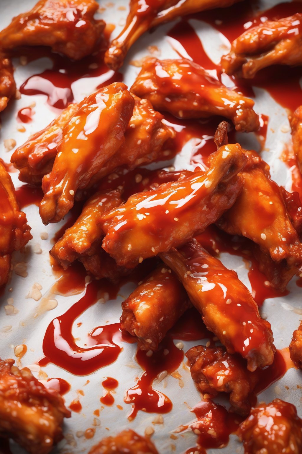 A high-resolution photo of fiery red Sriracha-Buffalo wings with a glossy, spicy drip under soft lighting.