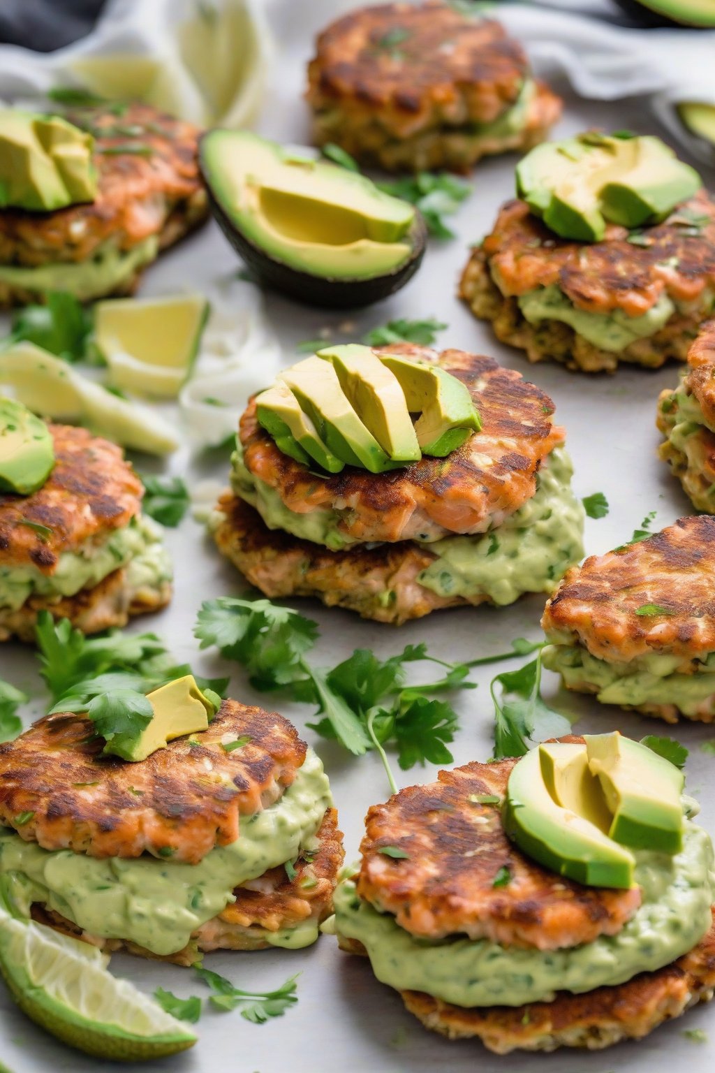 A close-up photo of avocado mayo salmon patties topped with extra avocado slices, under soft lighting.