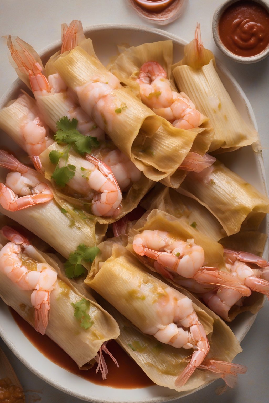 A high-resolution photo of pink shrimp tamales unwrapped, chipotle sauce pooling, under soft lighting.