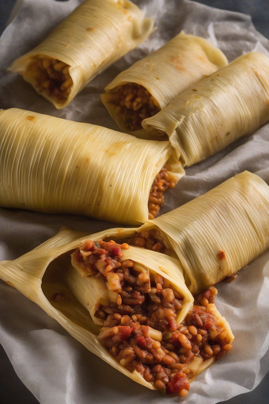 A high-resolution photo of bean-chorizo tamales sliced, showing chunky filling, under soft lighting.