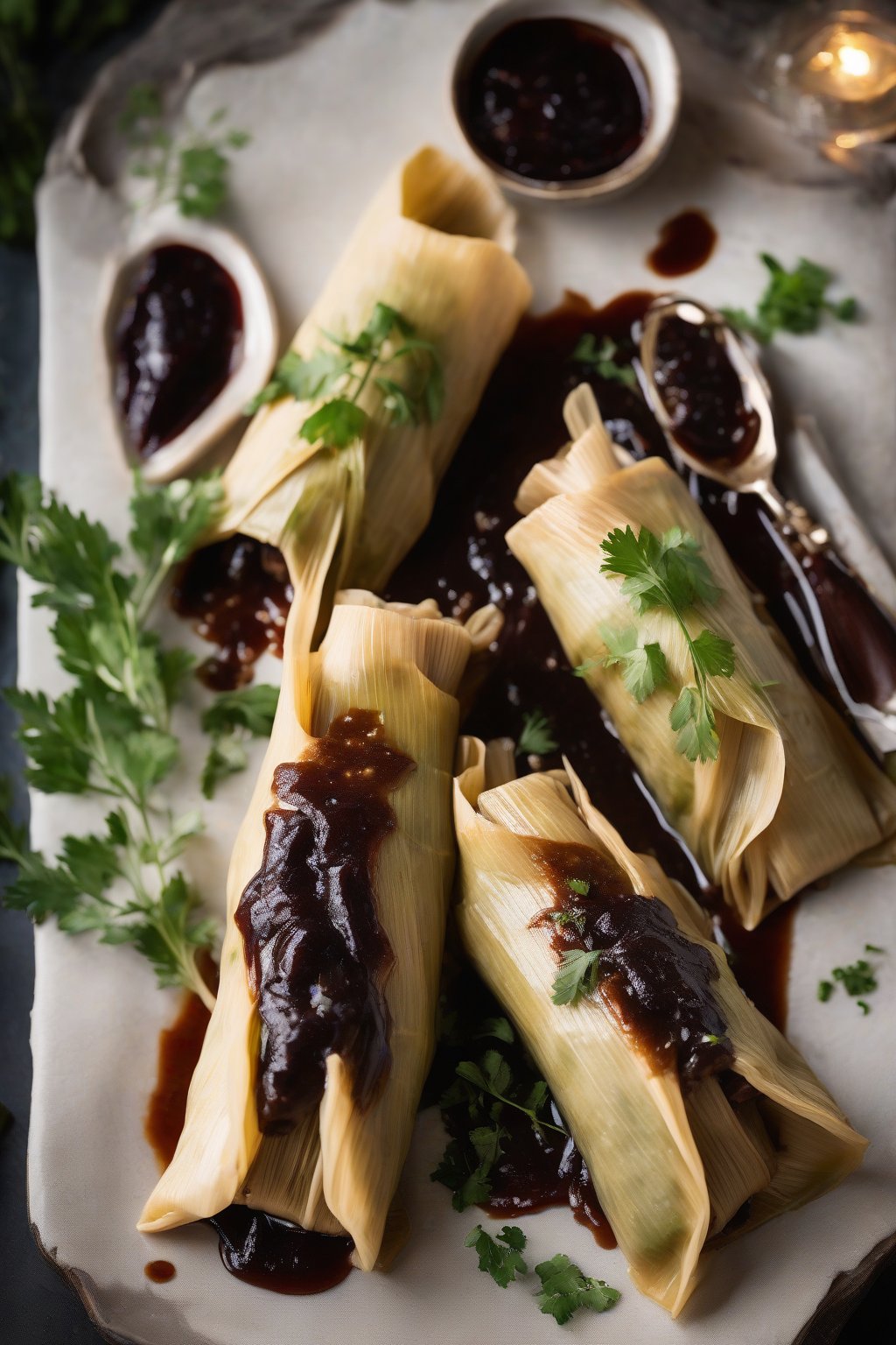 A high-resolution photo of elegant duck tamales with prune glaze, garnished with herbs, under soft lighting.