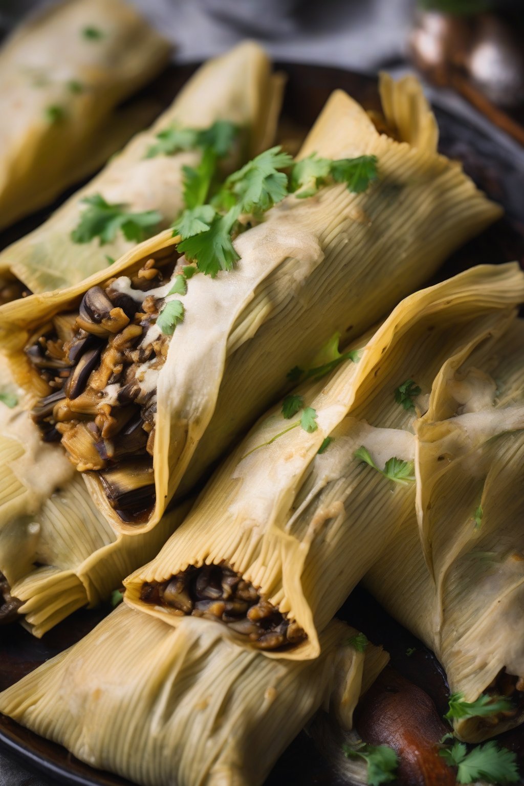 A high-resolution photo of vegan mushroom tamales, earthy filling exposed, under soft lighting.