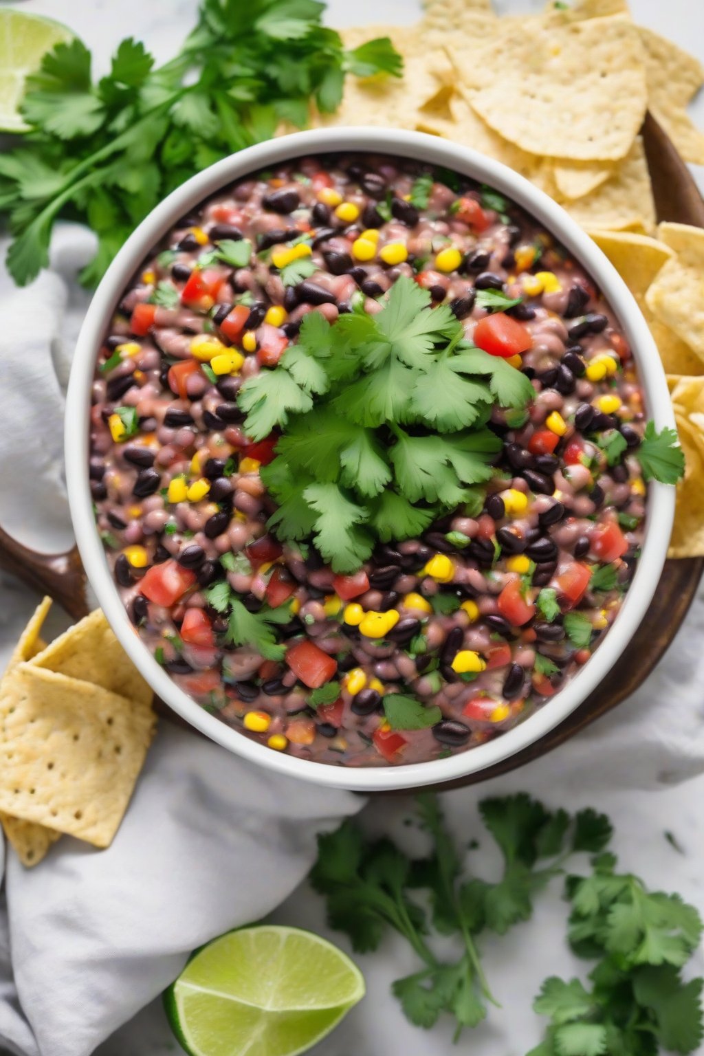 A high-resolution photo of classic black bean cowboy caviar dip in a white bowl, topped with fresh cilantro, under soft lighting.
