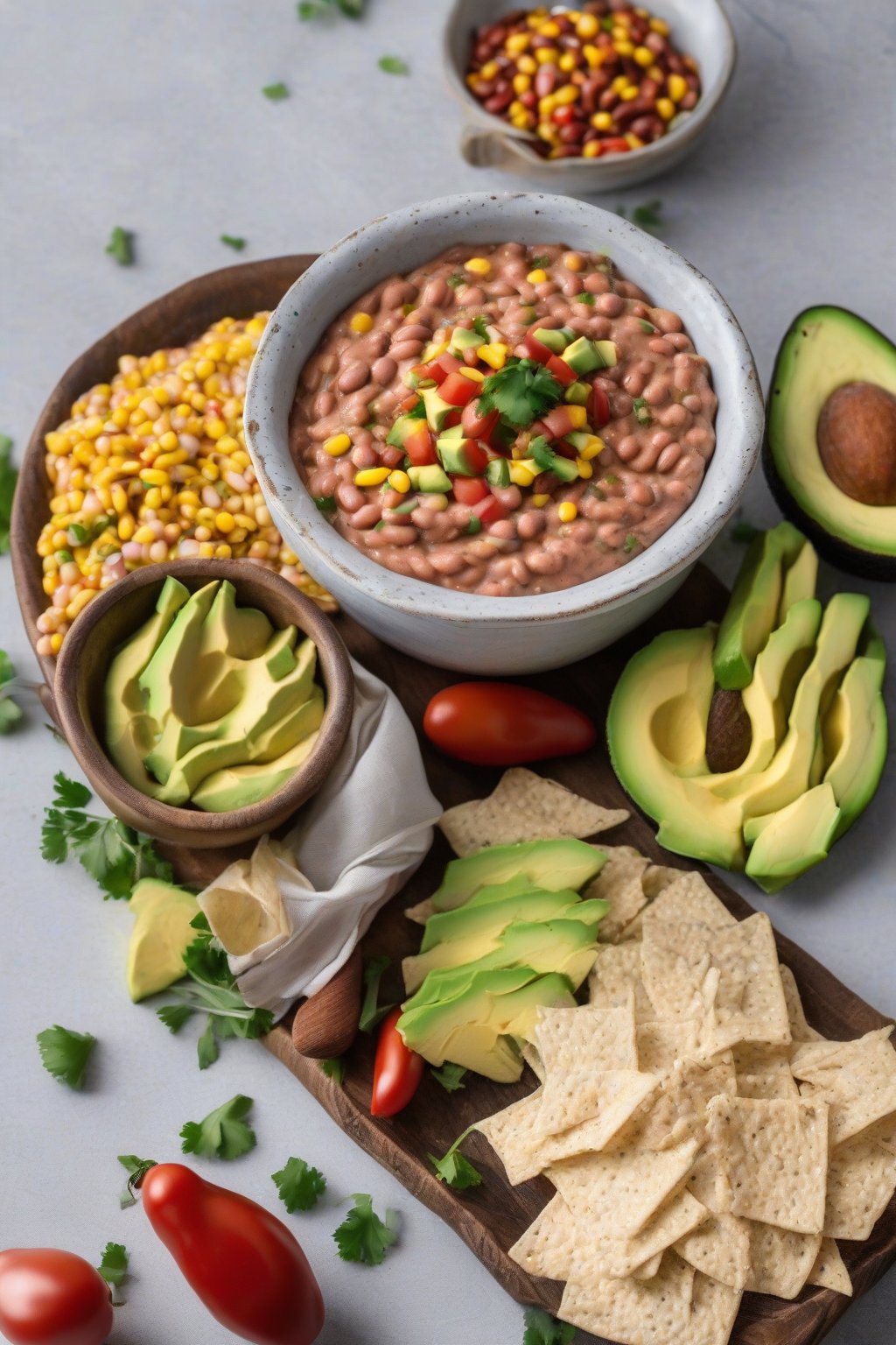 A high-resolution photo of spicy pinto bean cowboy caviar dip garnished with avocado slices, under soft lighting.