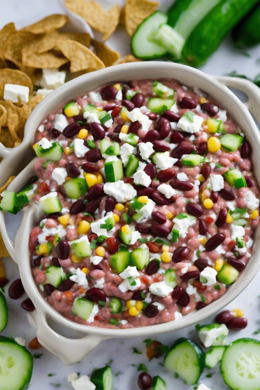 A high-resolution photo of tangy kidney bean cowboy caviar dip with feta and cucumber chunks, under soft lighting.
