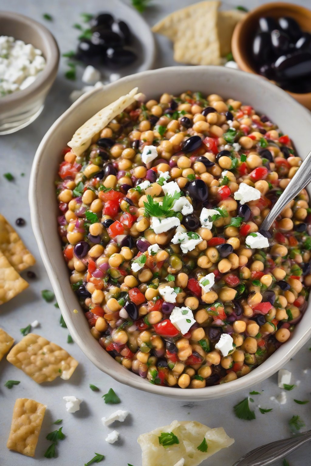 A high-resolution photo of Mediterranean chickpea cowboy caviar dip scattered with olives and feta, under soft lighting.