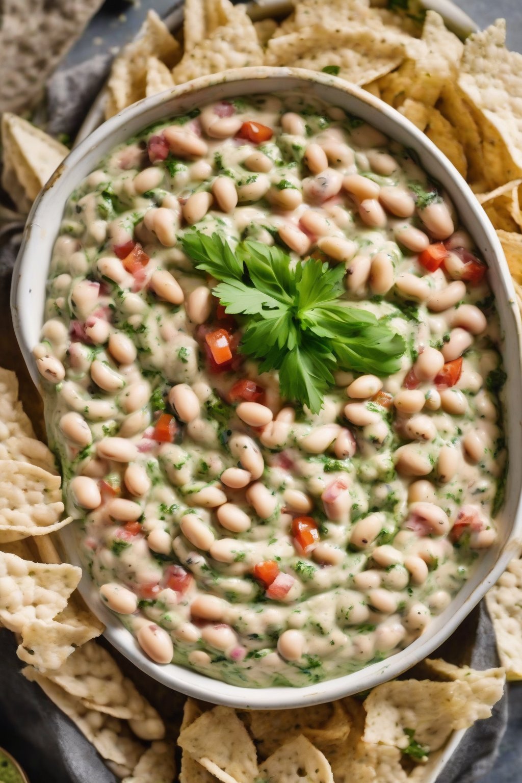 A high-resolution photo of creamy white bean cowboy caviar dip swirled with pesto, under soft lighting.