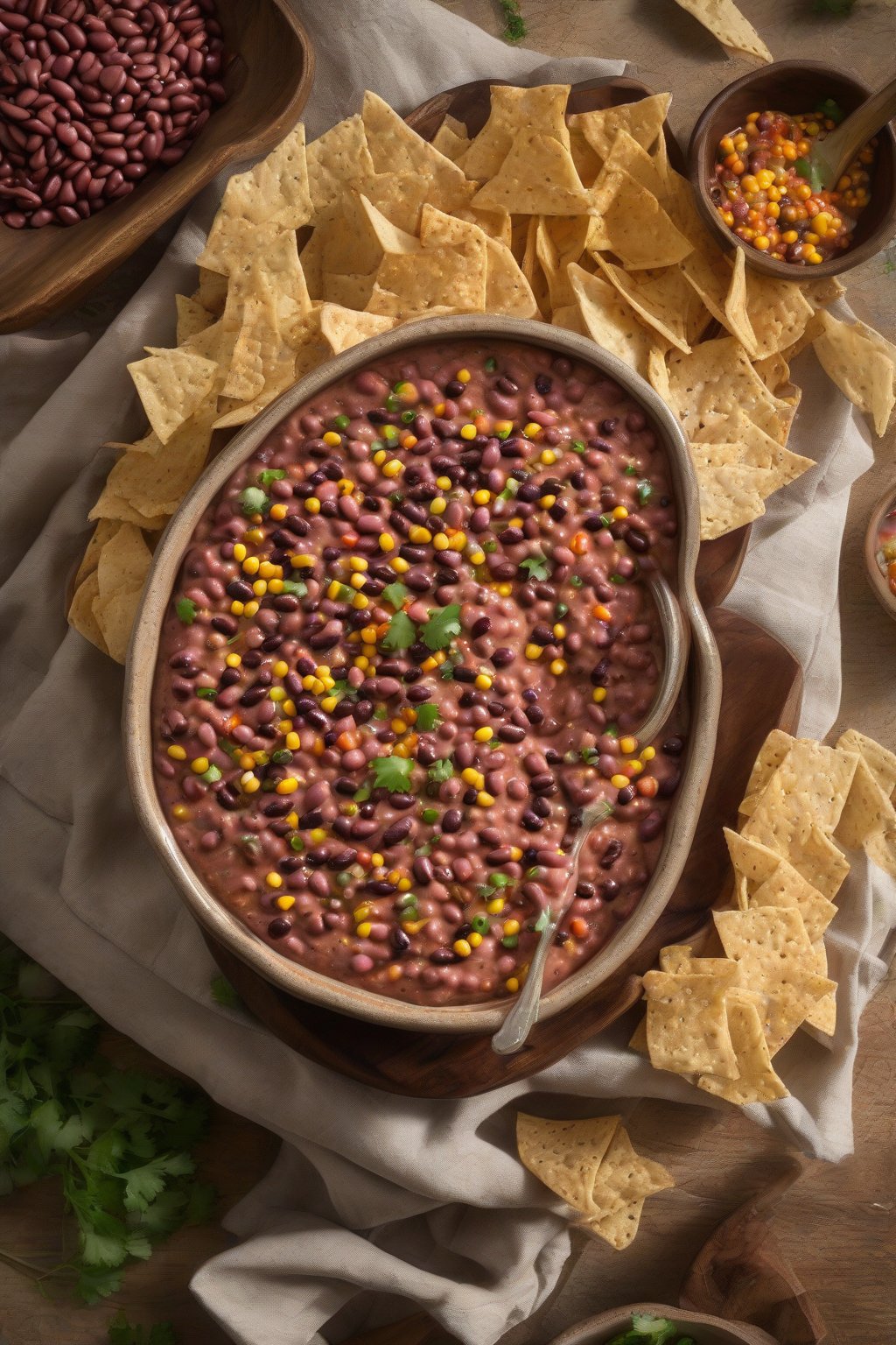A high-resolution photo of smoky red bean cowboy caviar dip with chipotle flecks, under soft lighting.