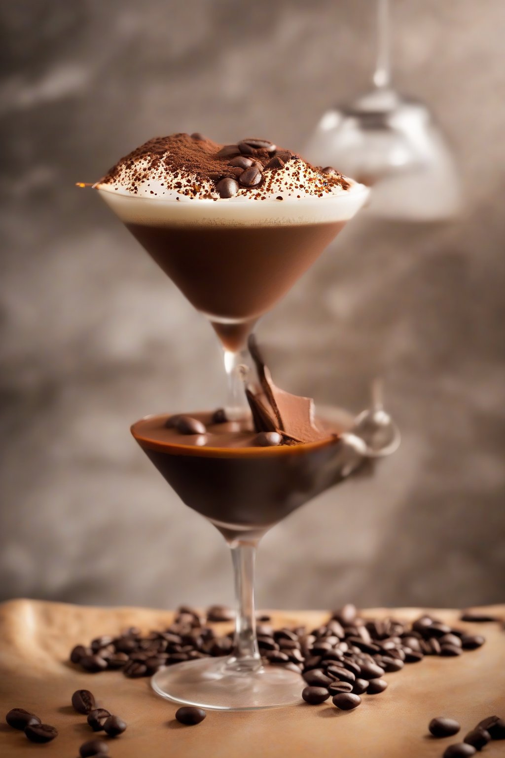 A high-resolution close-up photo of a Fiery Chili Chocolate Espresso Martini in a sleek glass, topped with frothy crema and coffee beans, under soft lighting.