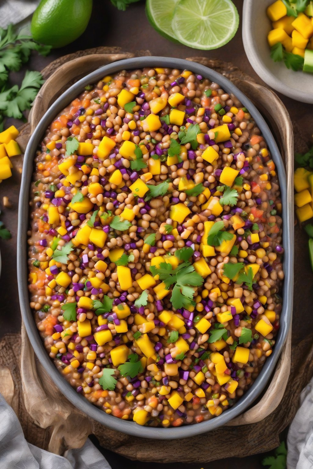A high-resolution photo of zesty lentil cowboy caviar dip topped with mango cubes, under soft lighting.