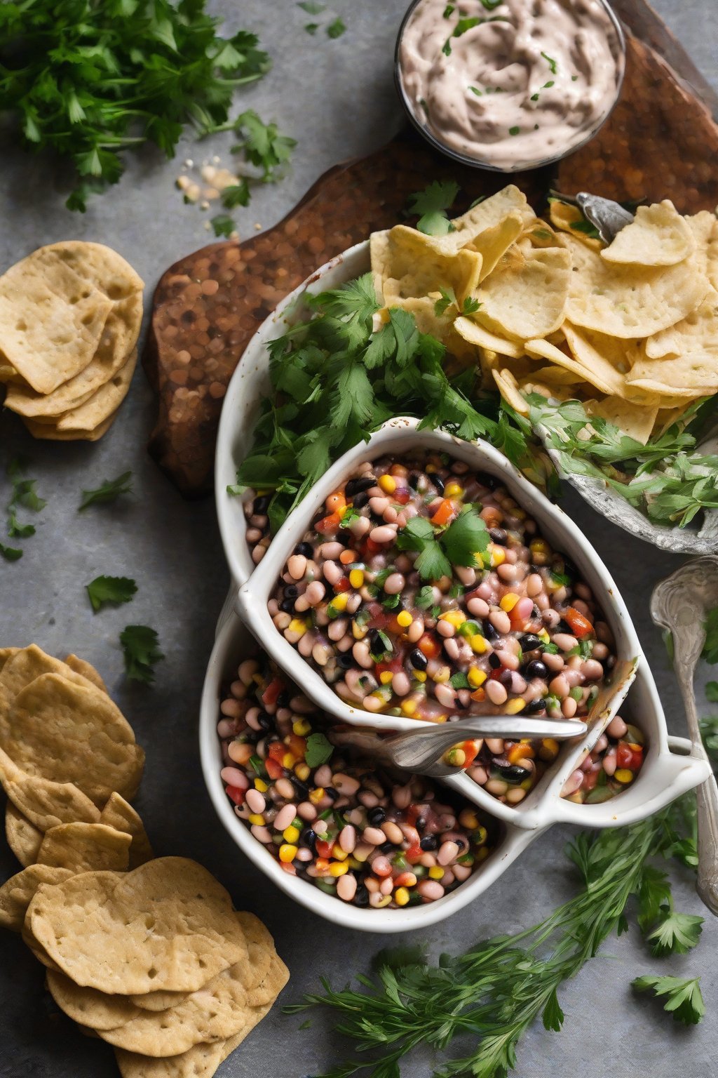 A high-resolution photo of herbed black-eyed pea cowboy caviar dip brimming with fresh herbs, under soft lighting.