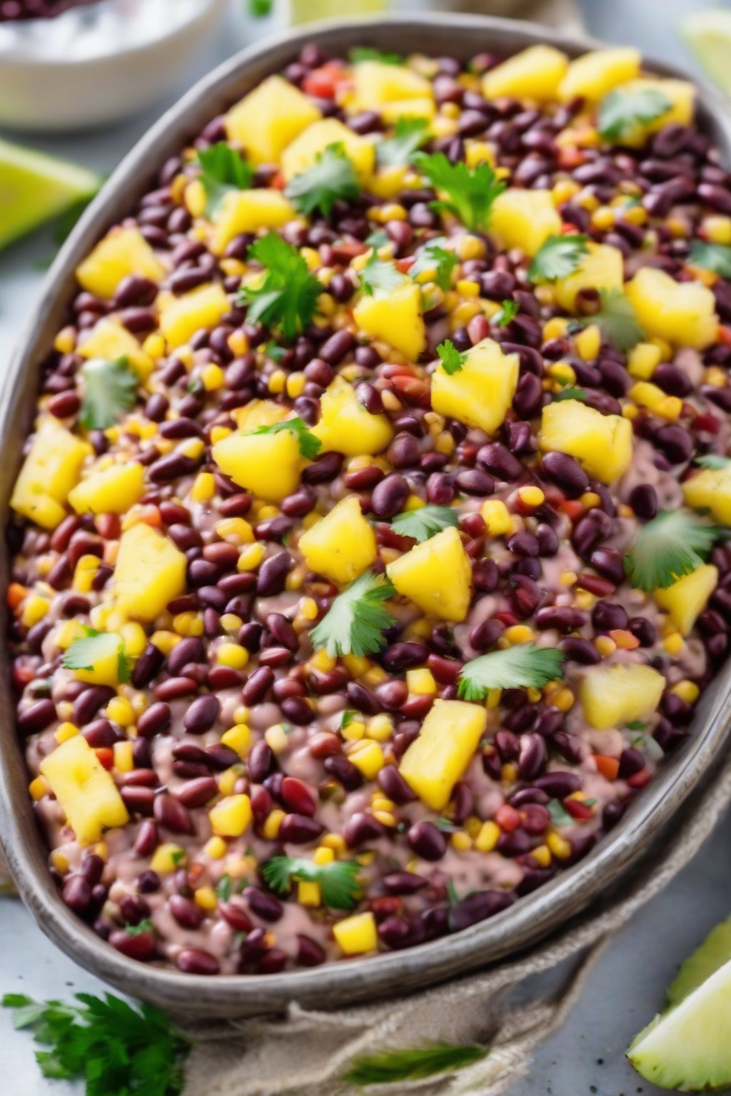 A high-resolution photo of tropical adzuki bean cowboy caviar dip with pineapple pieces, under soft lighting.