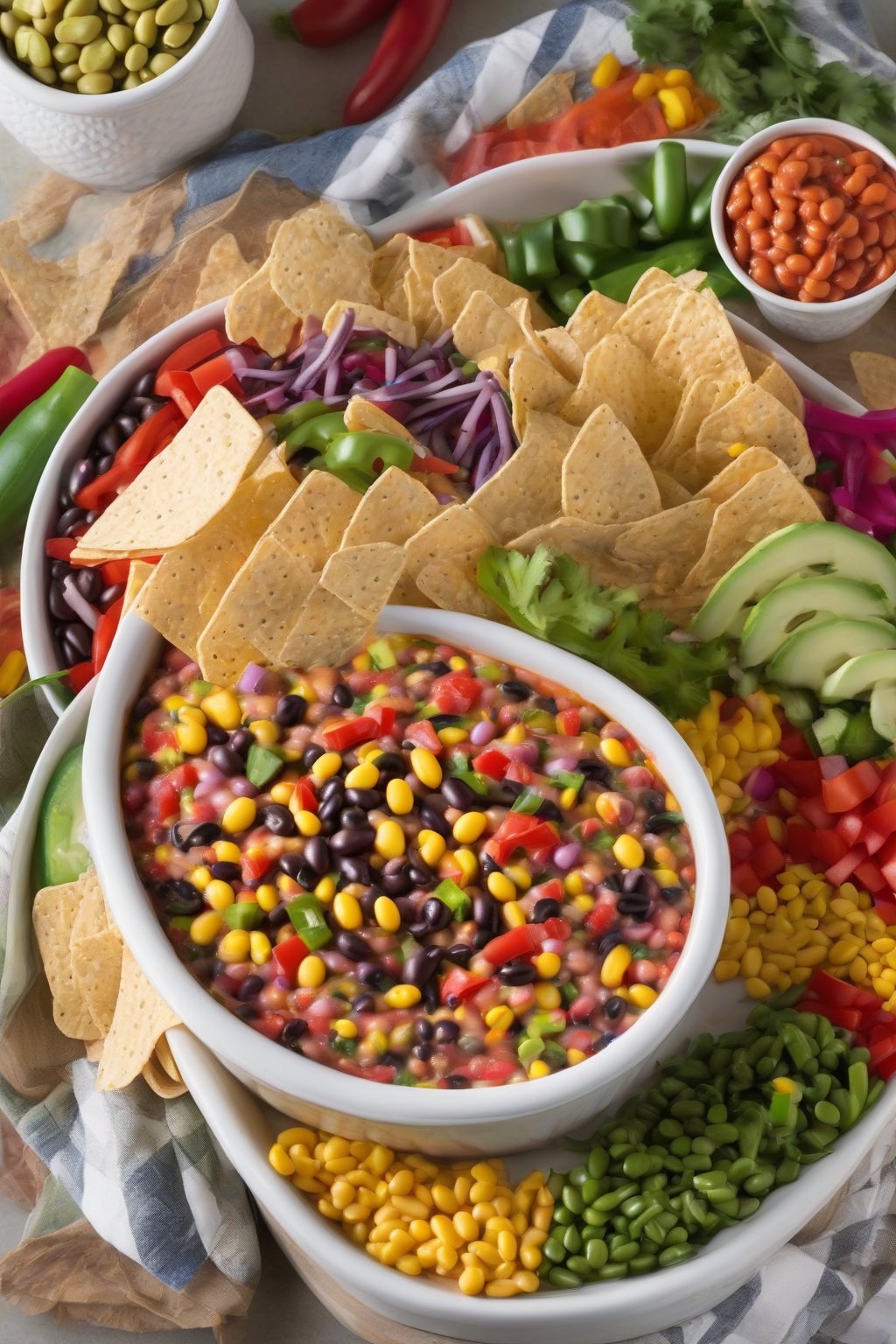 A high-resolution photo of three-bean fiesta cowboy caviar dip layered with colorful veggies, under soft lighting.