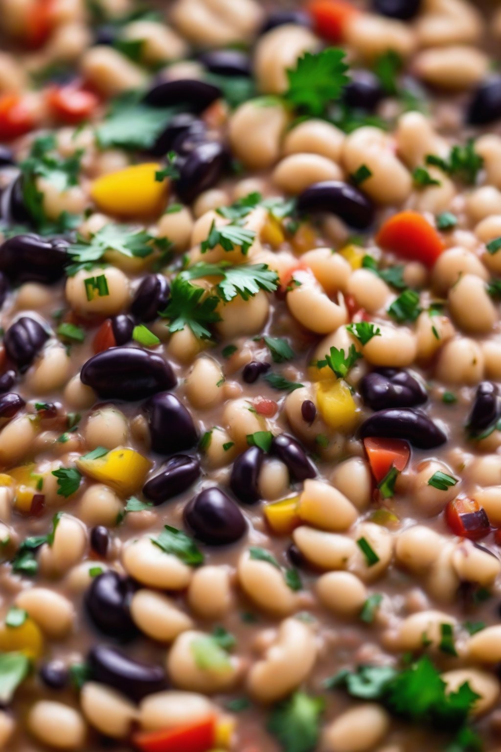 A high-resolution photo of garlic-infused navy bean cowboy caviar dip smeared with roasted garlic, under soft lighting.