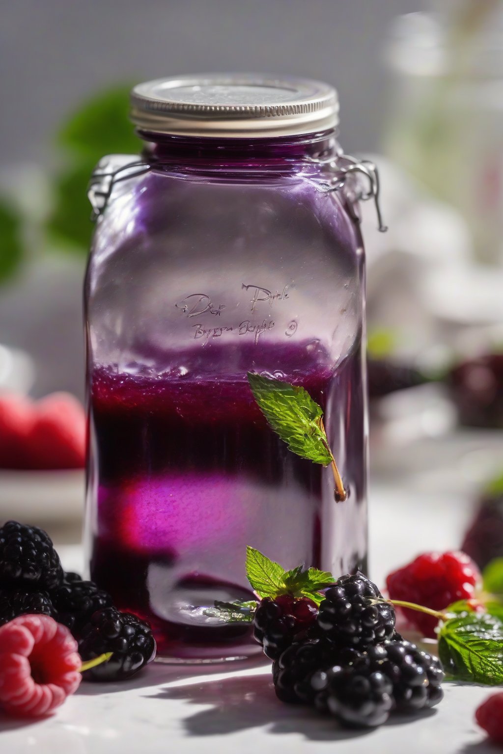 A close-up photo of deep purple mixed berry elderberry syrup in a glass jar, glistening under soft lighting.