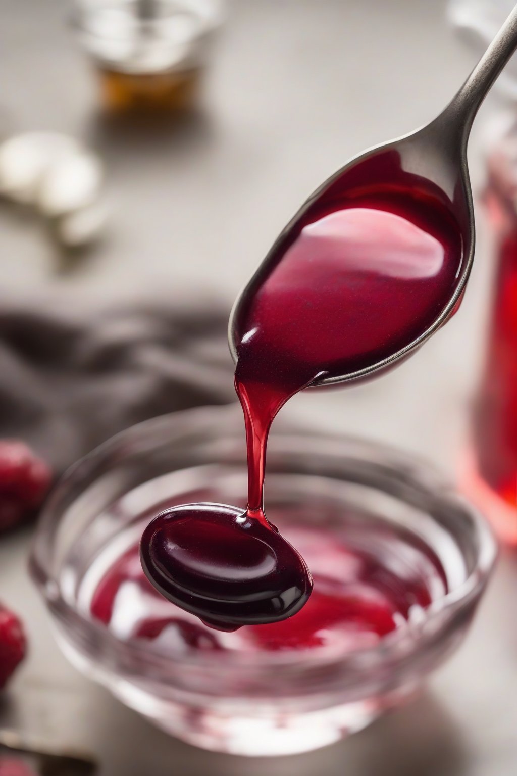 A close-up photo of vibrant red ginger berry elderberry syrup poured over a spoon, under soft lighting.