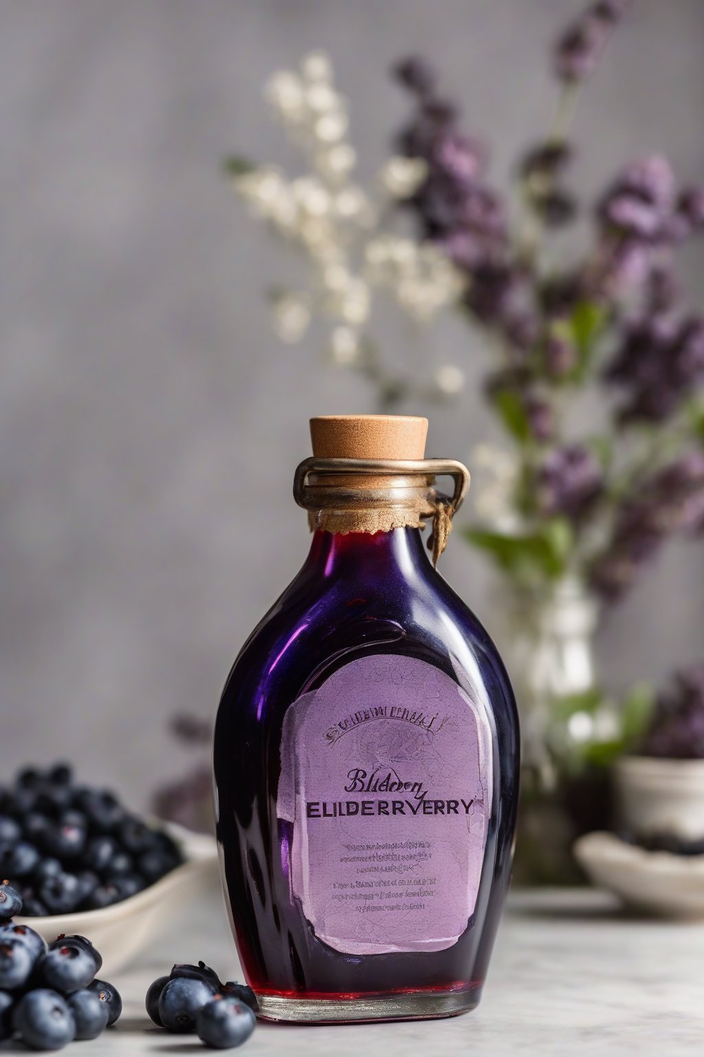 A close-up photo of glossy blueberry elderberry syrup in a decorative bottle, under soft lighting.
