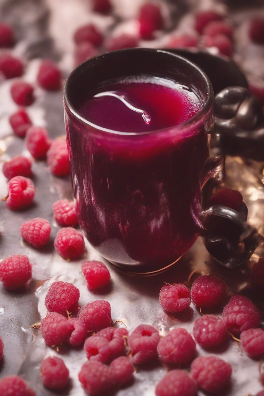 A close-up photo of spiced raspberry elderberry syrup steaming gently in a mug, under soft lighting.