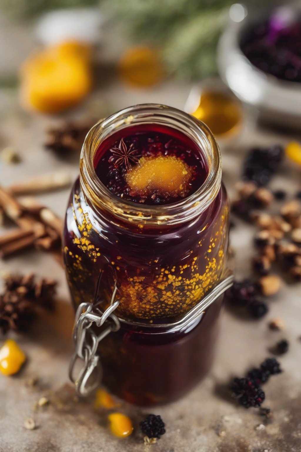 A close-up photo of golden turmeric berry elderberry syrup in a jar with spices around, under soft lighting.
