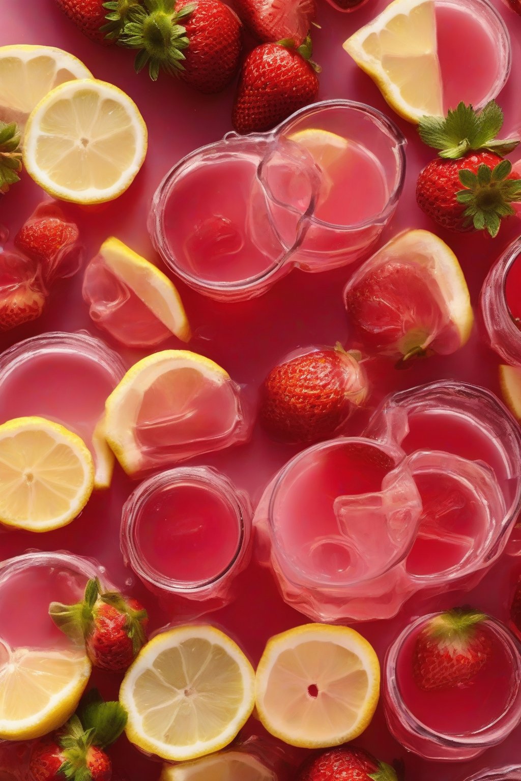 A close-up photo of pink-hued strawberry elderberry syrup with lemon slices, under soft lighting.