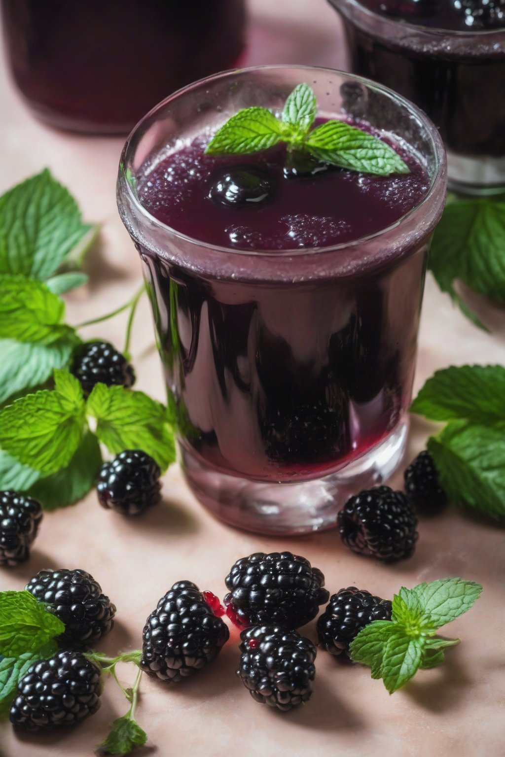 A close-up photo of refreshing blackberry elderberry syrup with mint sprigs, under soft lighting.