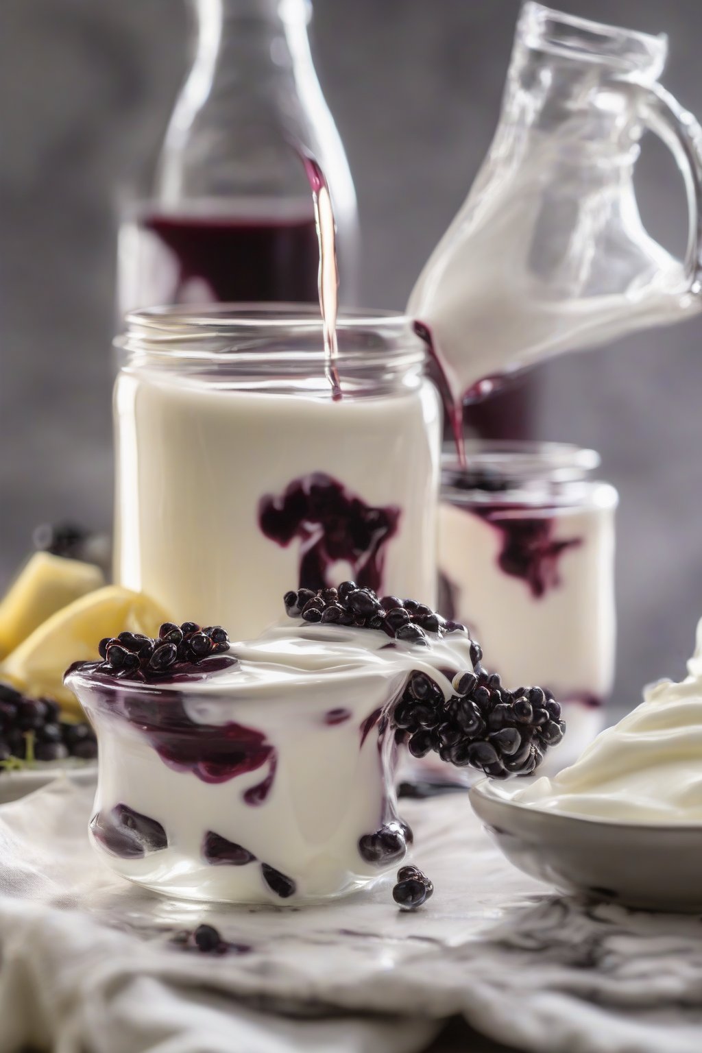 A close-up photo of smooth vanilla-infused elderberry syrup drizzled on yogurt, under soft lighting.