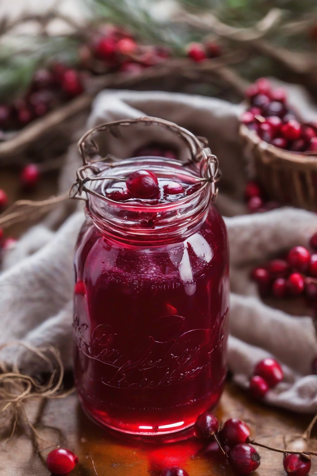 A close-up photo of bright rosehip cranberry elderberry syrup in a rustic jar, under soft lighting.