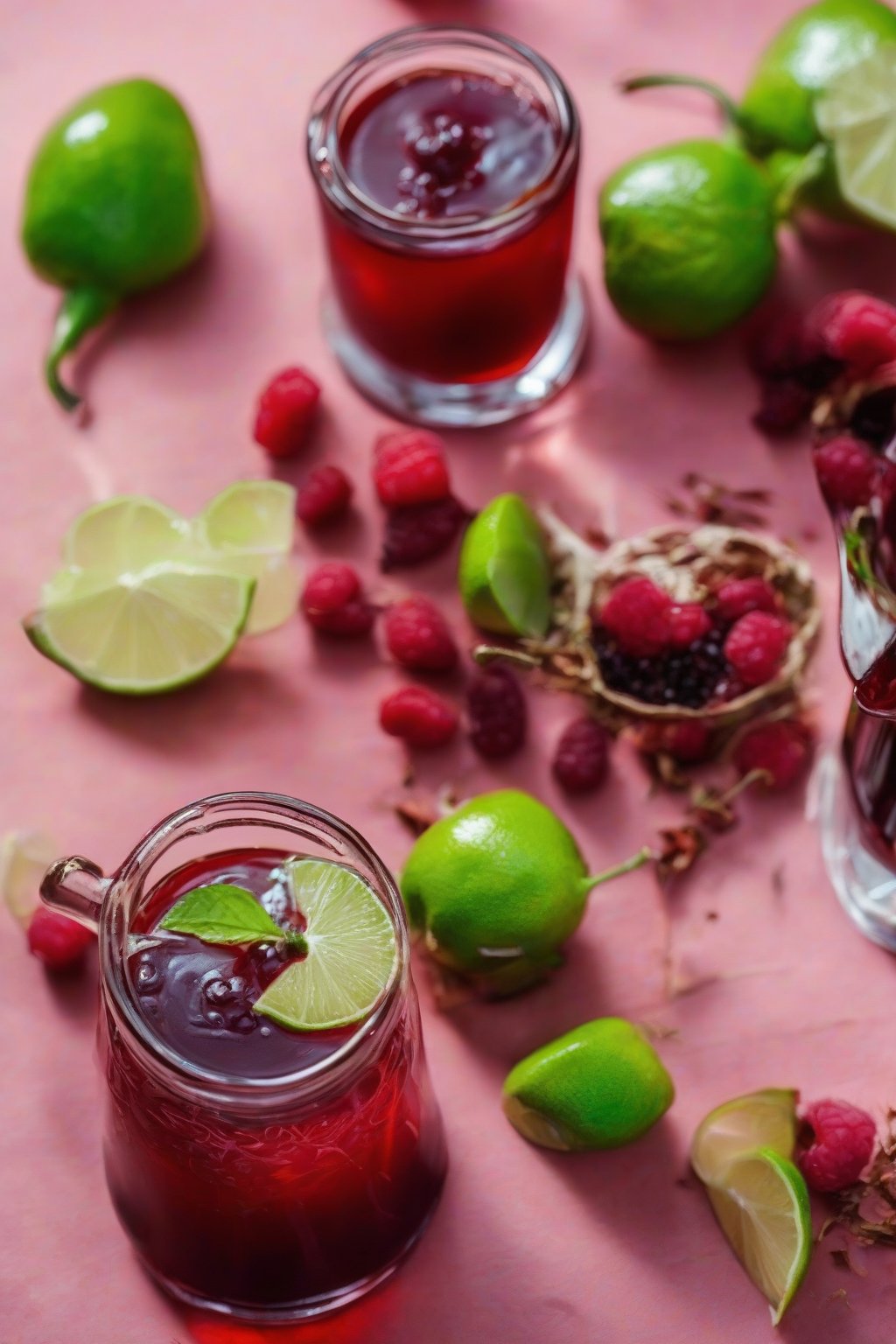 A close-up photo of fiery red chili raspberry elderberry syrup with lime wedge, under soft lighting.
