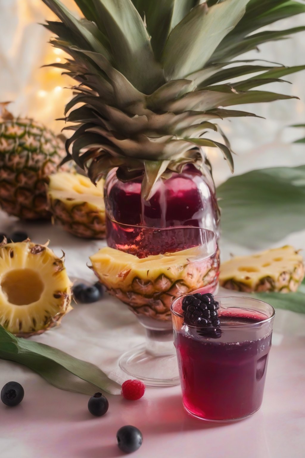 A close-up photo of sunny pineapple berry elderberry syrup in a tropical glass, under soft lighting.