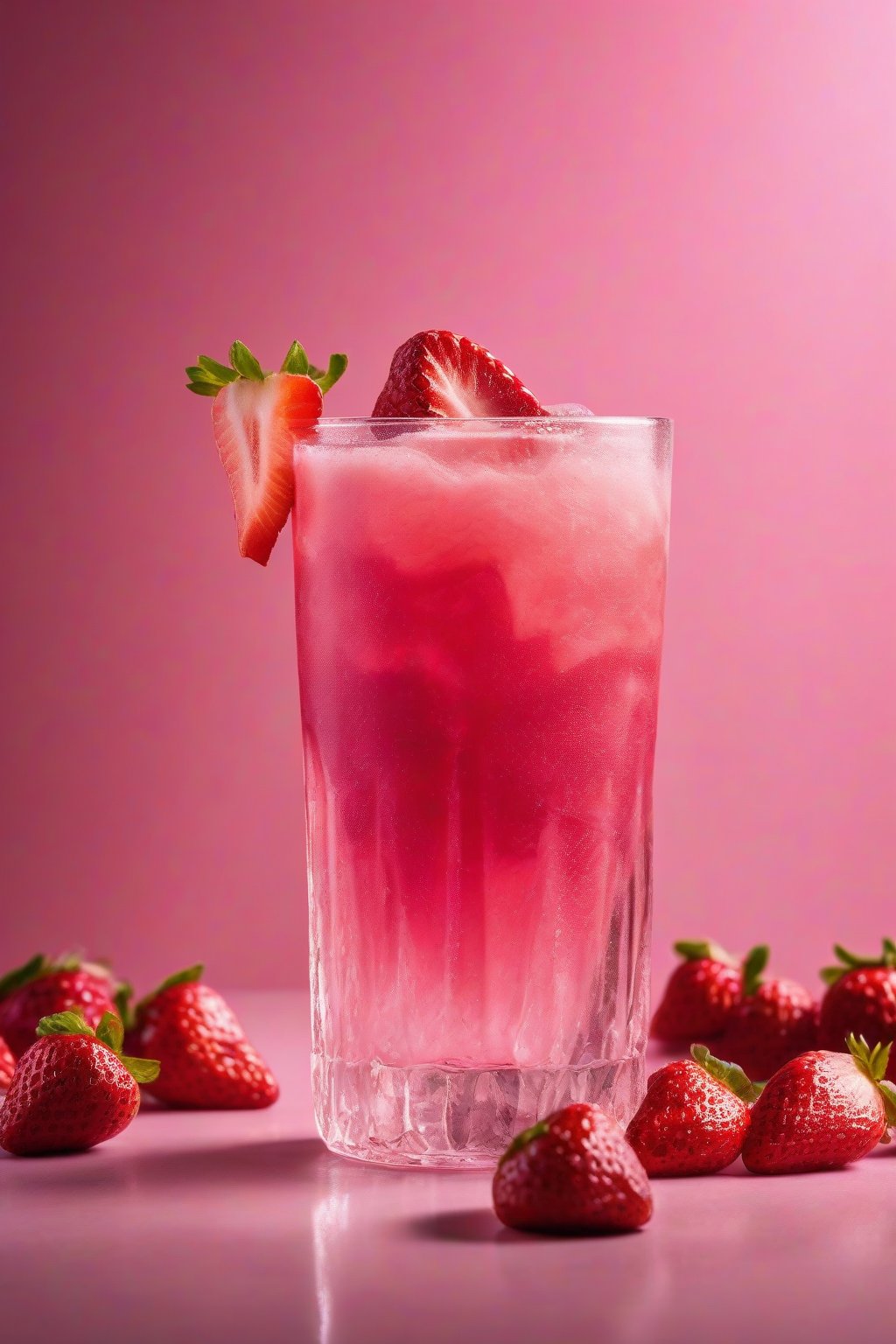 A high-resolution photo of the classic strawberry acai pink drink in a tall glass with ice and strawberry slices, under soft lighting.