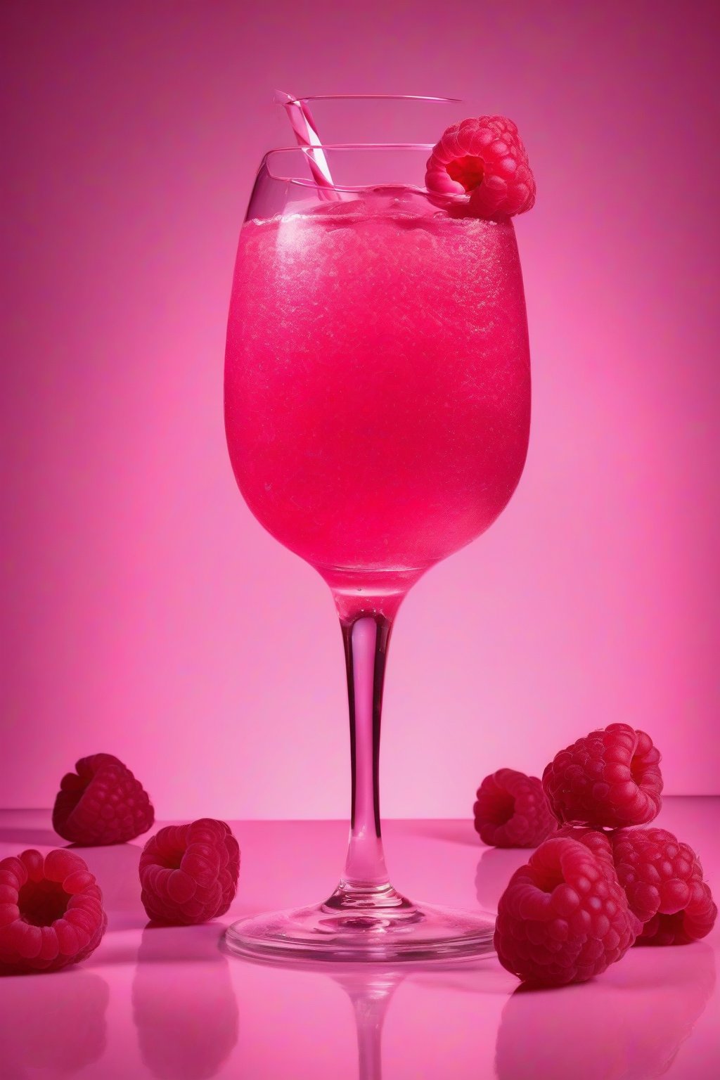 A high-resolution photo of the raspberry burst pink drink garnished with fresh raspberries in a clear glass, under soft lighting.