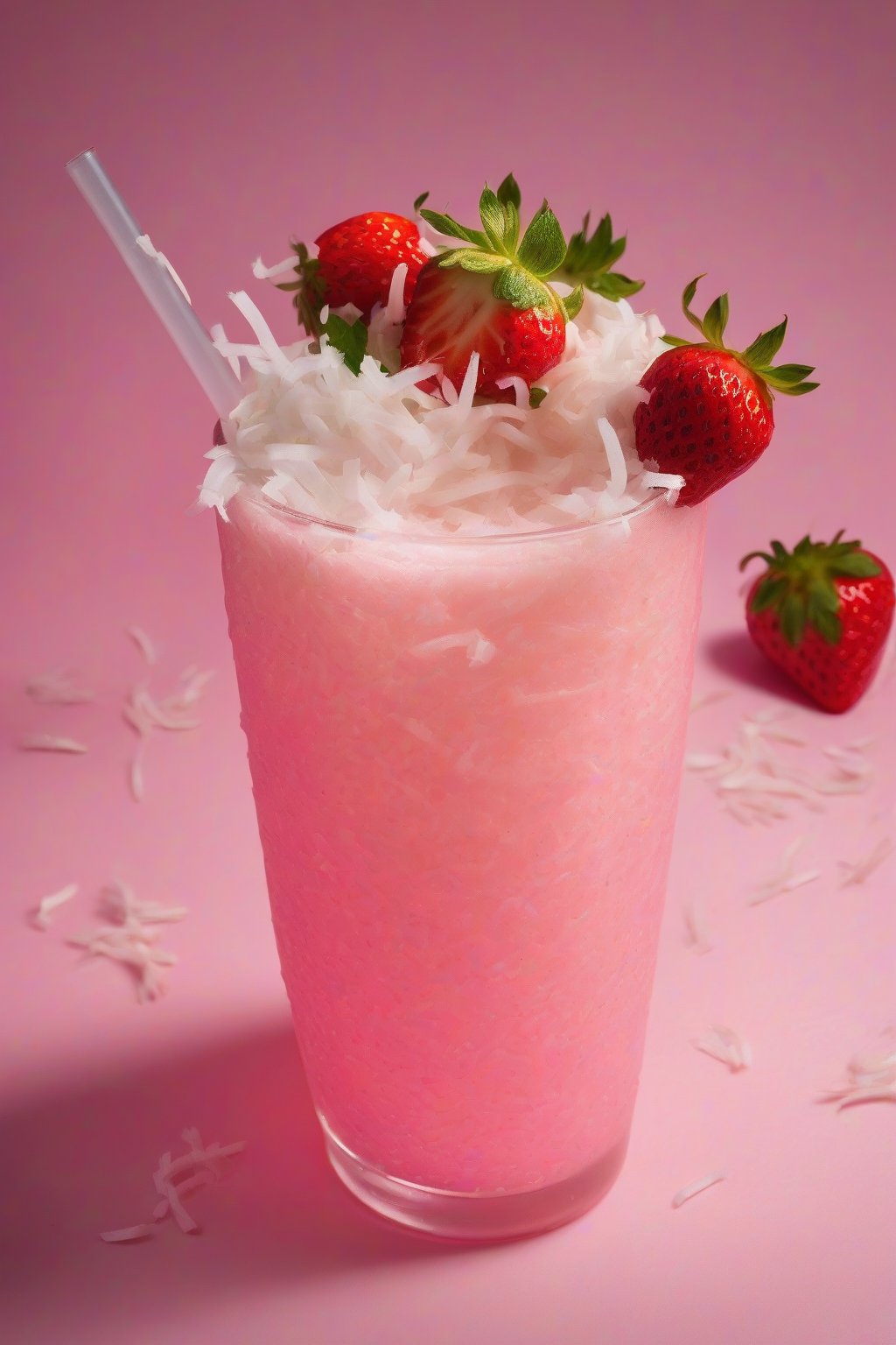 A high-resolution photo of the strawberry coconut dream pink drink topped with shredded coconut, under soft lighting.