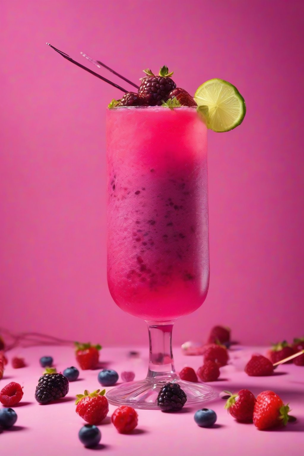A high-resolution photo of the mixed berry explosion pink drink with a colorful berry skewer garnish, under soft lighting.