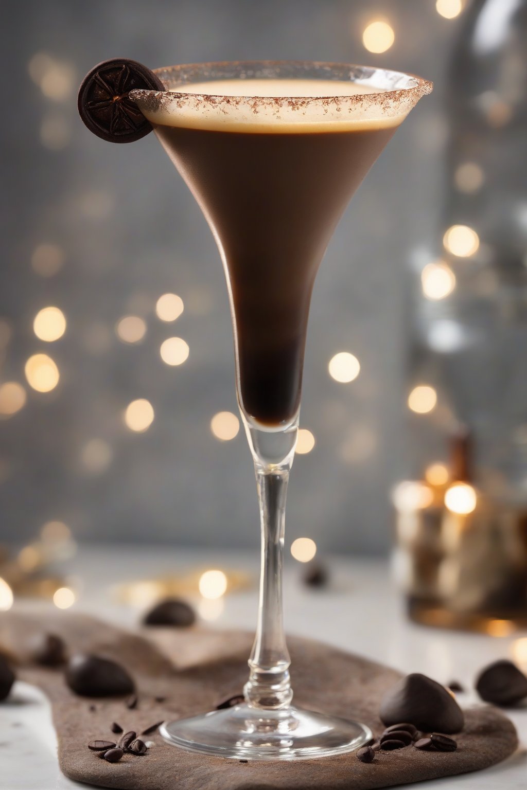 A high-resolution close-up photo of a Bourbon Vanilla Bliss Espresso Martini in a rocks glass, aromatic vanilla pod garnish, under soft lighting.