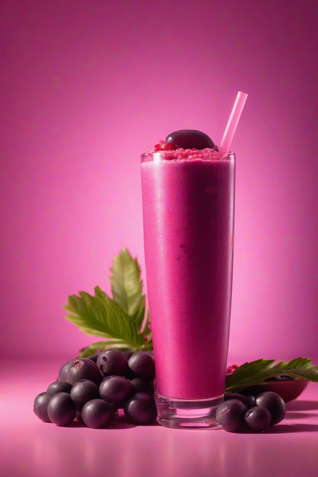 A high-resolution photo of the acai super berry pink drink with a pink-rimmed glass, under soft lighting.