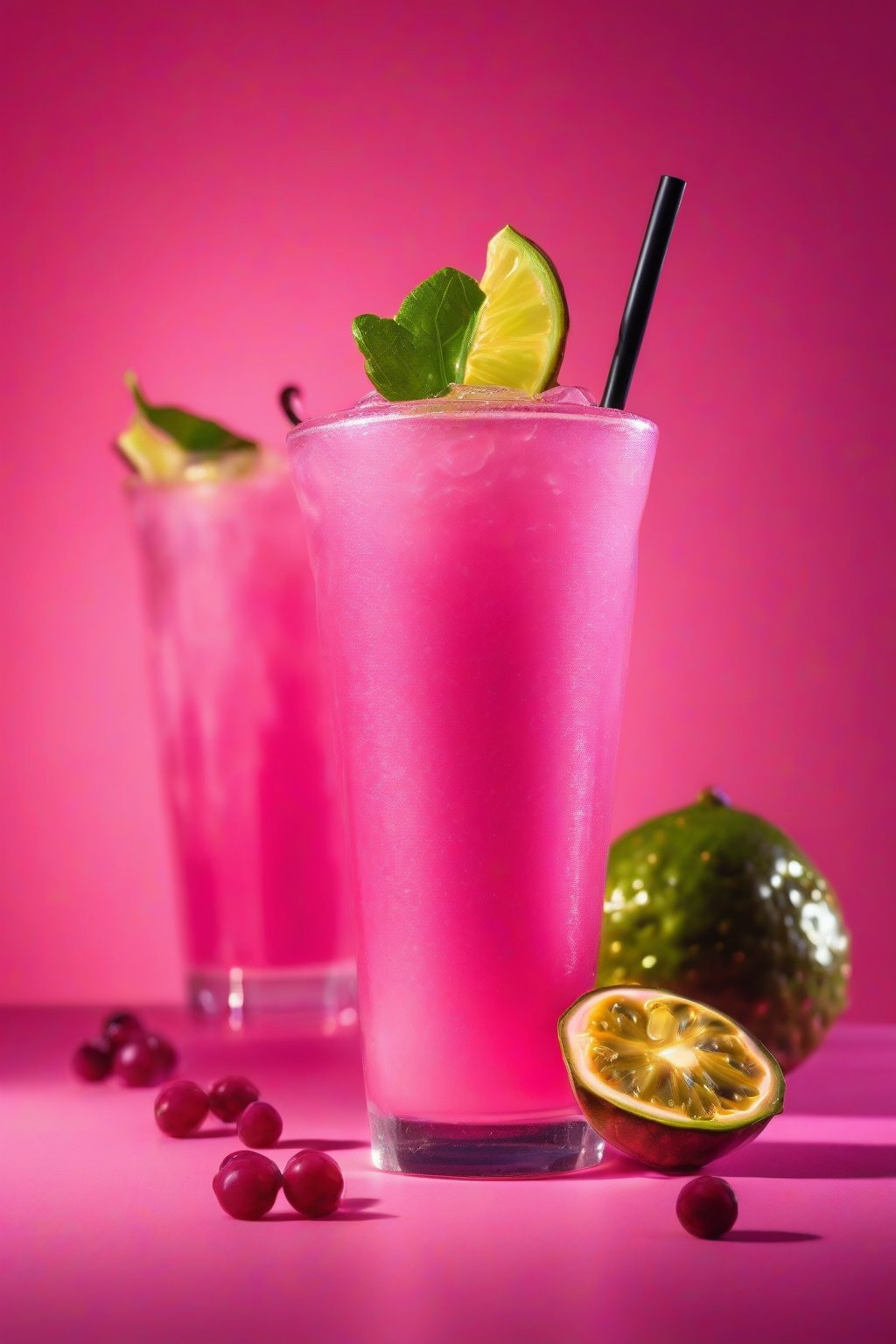 A high-resolution photo of the passionfruit berry pink glow drink with a lime twist, under soft lighting.