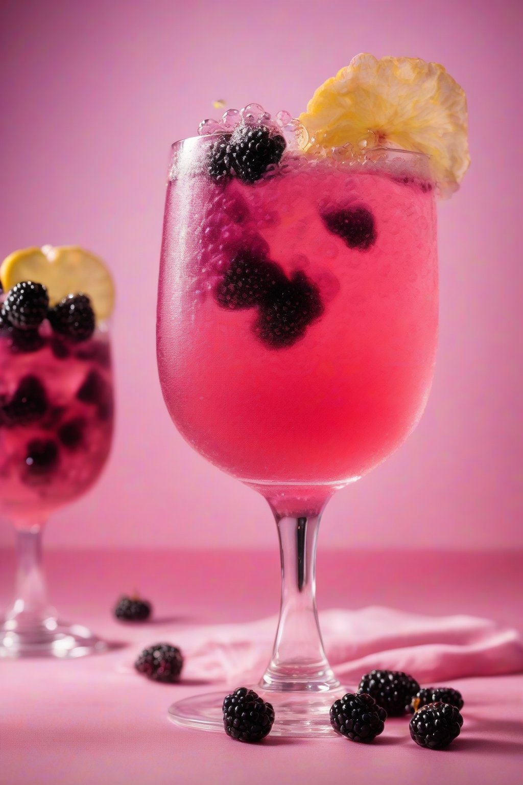 A high-resolution photo of the blackberry hibiscus pink fizz with bubbles and blackberries, under soft lighting.