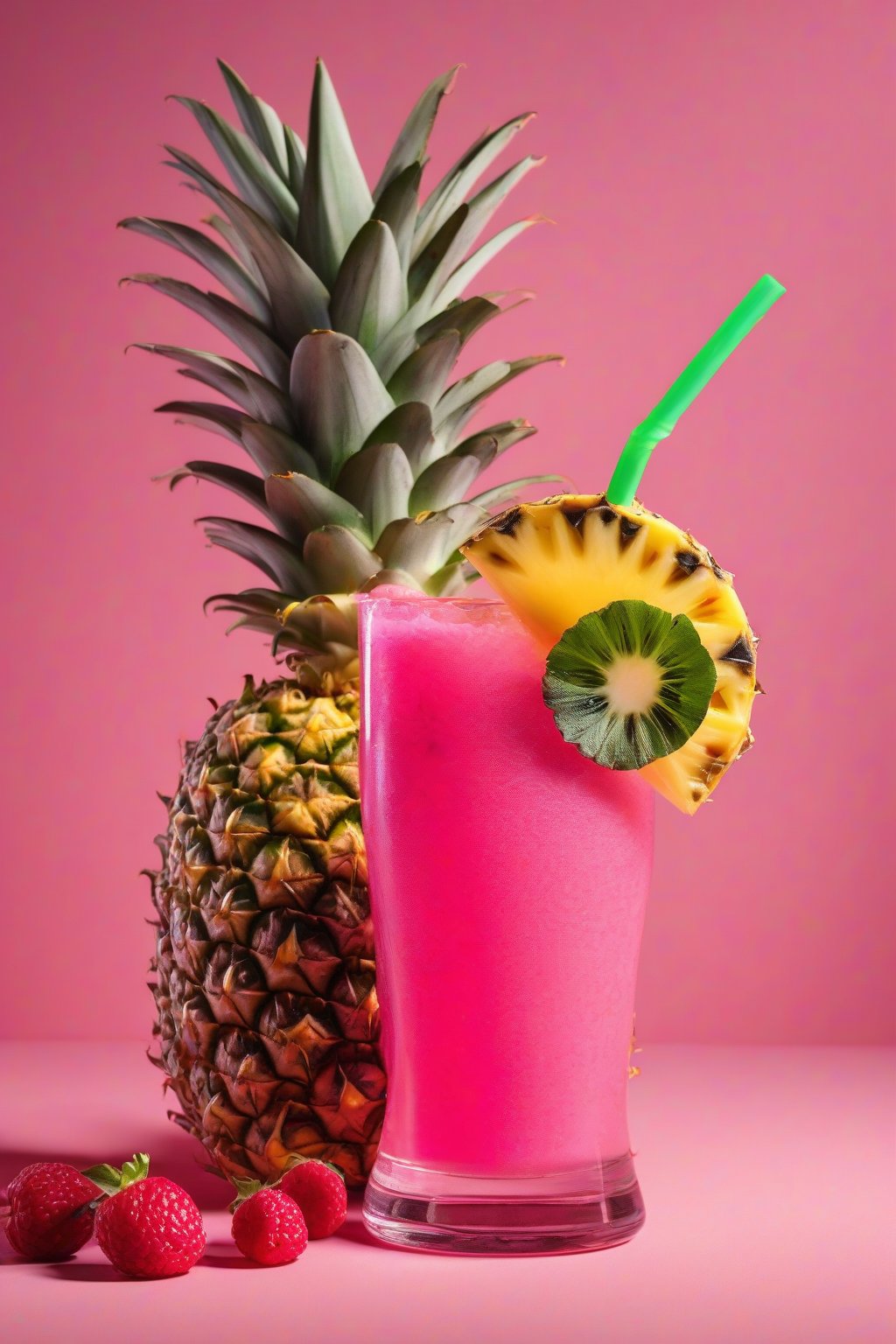 A high-resolution photo of the tropical pineapple berry pink drink with a pineapple wedge, under soft lighting.