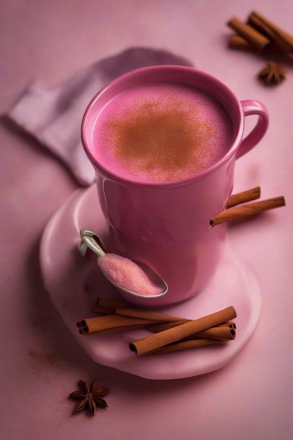 A high-resolution photo of the spiced chai berry pink warmer in a mug with cinnamon dust, under soft lighting.