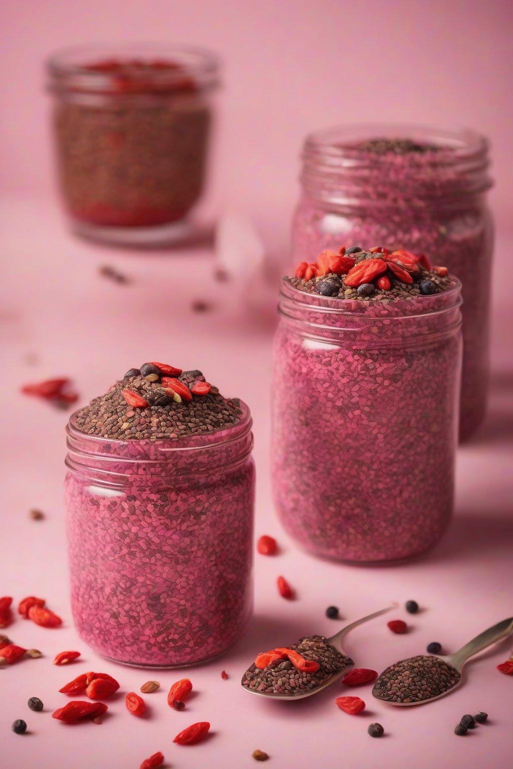 A high-resolution photo of the vegan superfood pink powerhouse with chia seeds and goji berries, under soft lighting.