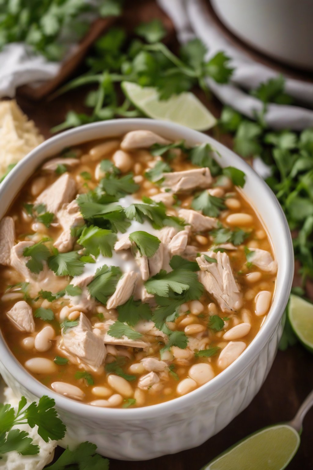 A close-up photo of steaming classic Great Northern bean white chicken chili in a white bowl, garnished with fresh cilantro, under soft lighting.