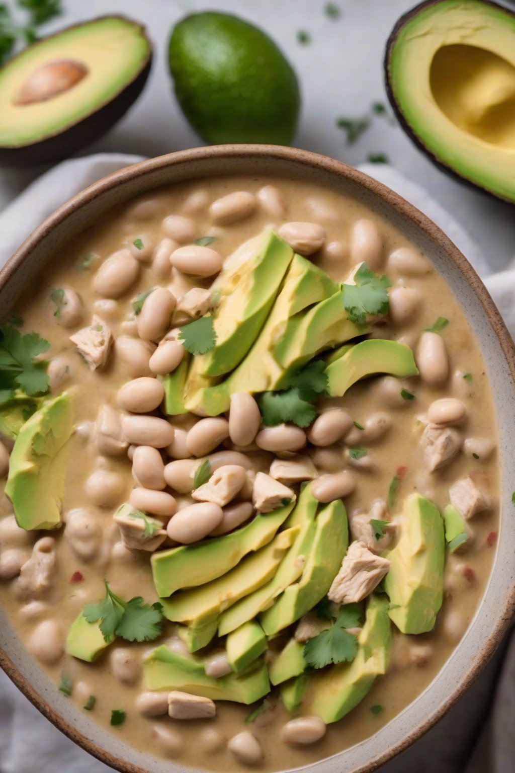 A close-up photo of creamy cannellini bean white chicken chili topped with avocado slices in a rustic bowl, under soft lighting.
