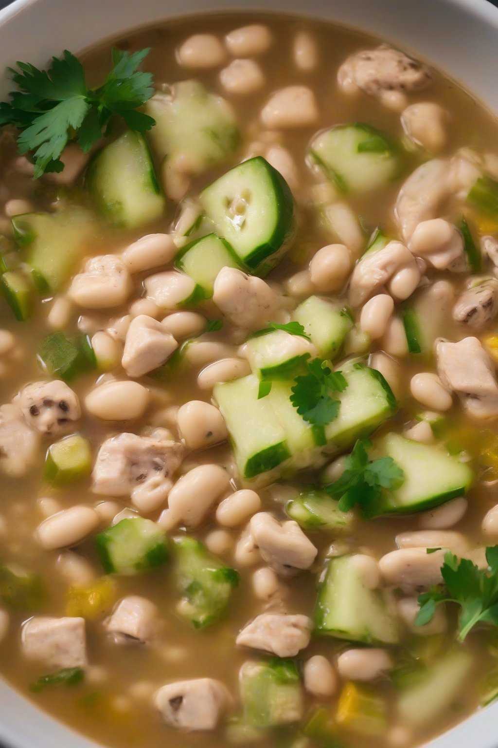A close-up photo of navy bean white chicken chili with zucchini chunks in a deep bowl, steam rising, under soft lighting.
