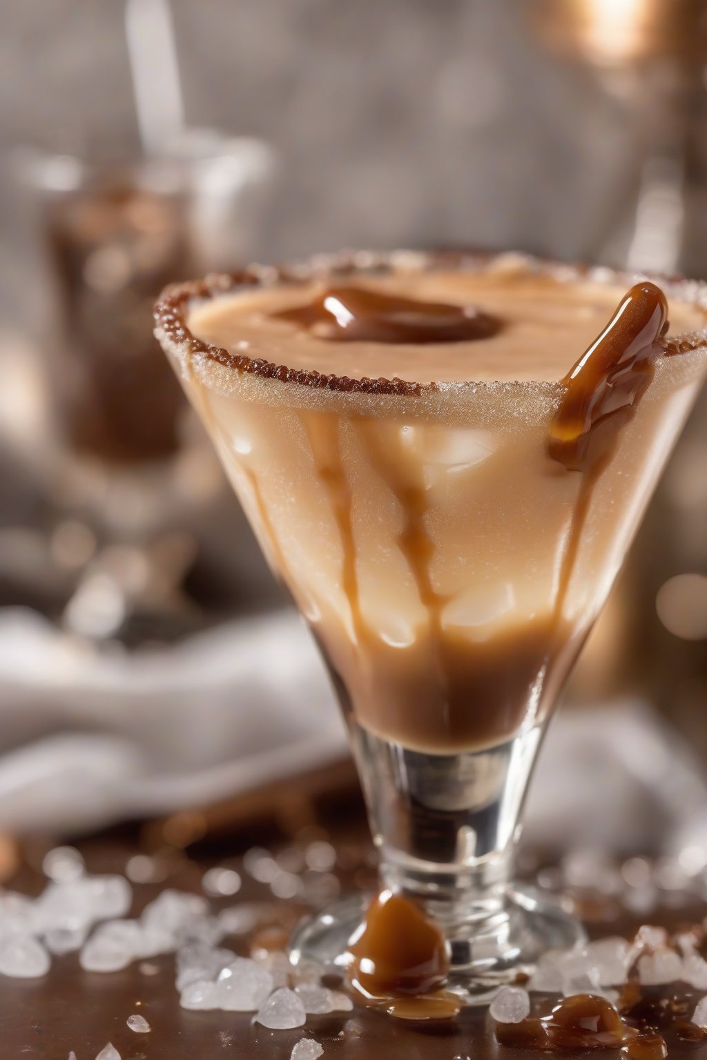 A high-resolution close-up photo of a Salted Caramel Indulgence Espresso Martini, sea salt rim glistening with caramel drizzle, under soft lighting.