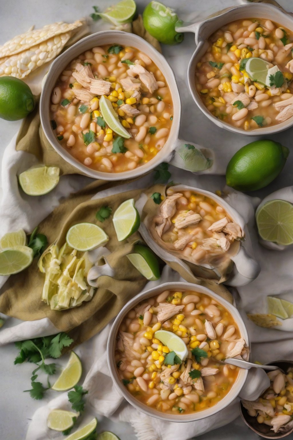 A close-up photo of corn-studded white bean chicken chili garnished with lime wedges, under soft lighting.