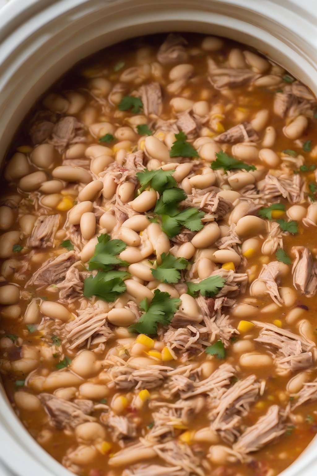 A close-up photo of slow cooker pinto-white bean chicken chili with shredded meat, in a slow cooker insert, under soft lighting.
