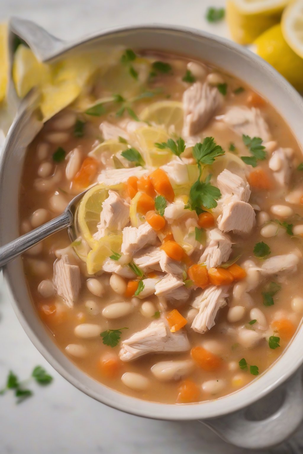 A close-up photo of lemon-infused bean white chicken chili with carrot slices, topped with lemon zest, under soft lighting.