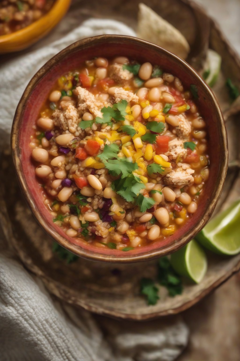 A close-up photo of quinoa-dotted white bean chicken chili in a vibrant bowl, under soft lighting.