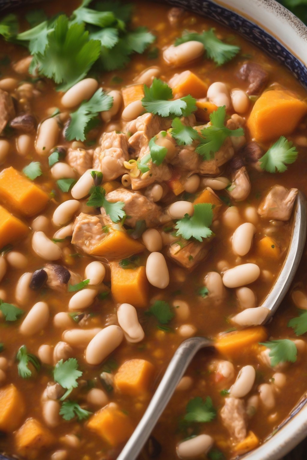 A close-up photo of sweet potato white bean chicken chili with orange chunks, garnished with green onions, under soft lighting.