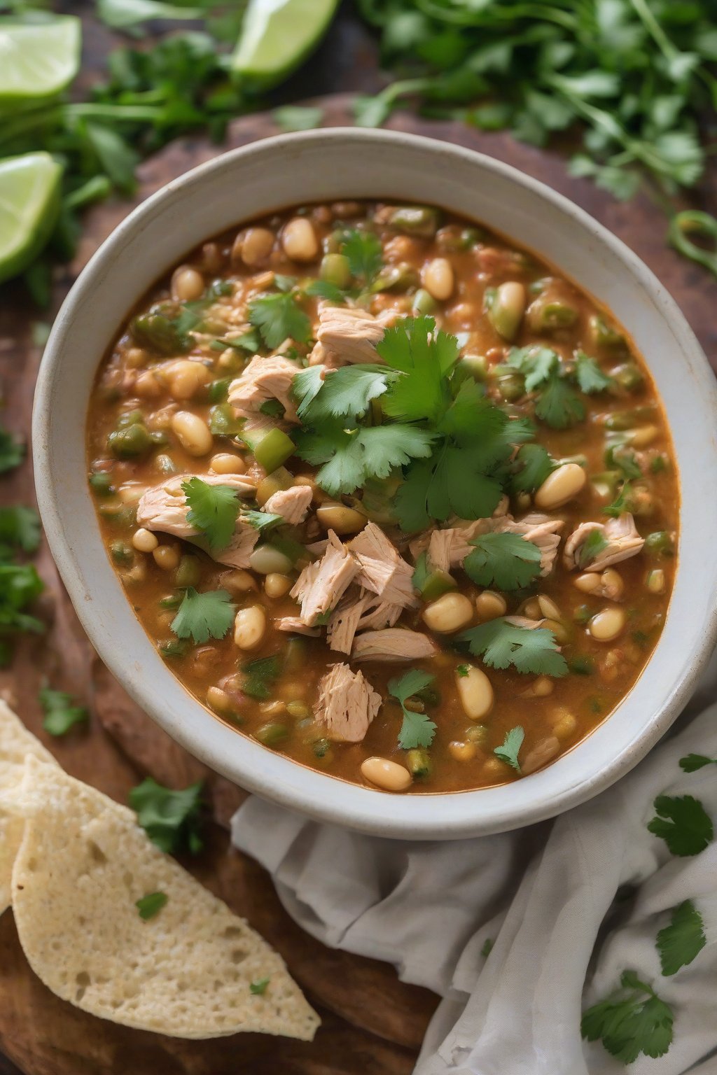 A close-up photo of herbed green chile bean chicken chili with cilantro sprigs, under soft lighting.